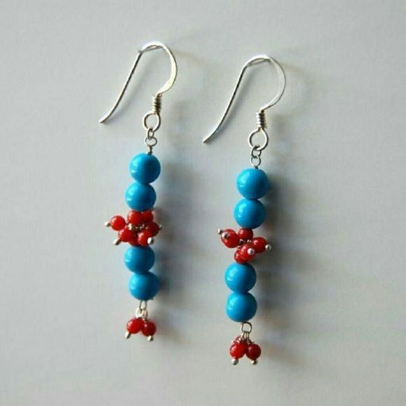 TURQUOISE AND CORAL .925 STERLING EARRINGS - Picture 1 of 1
